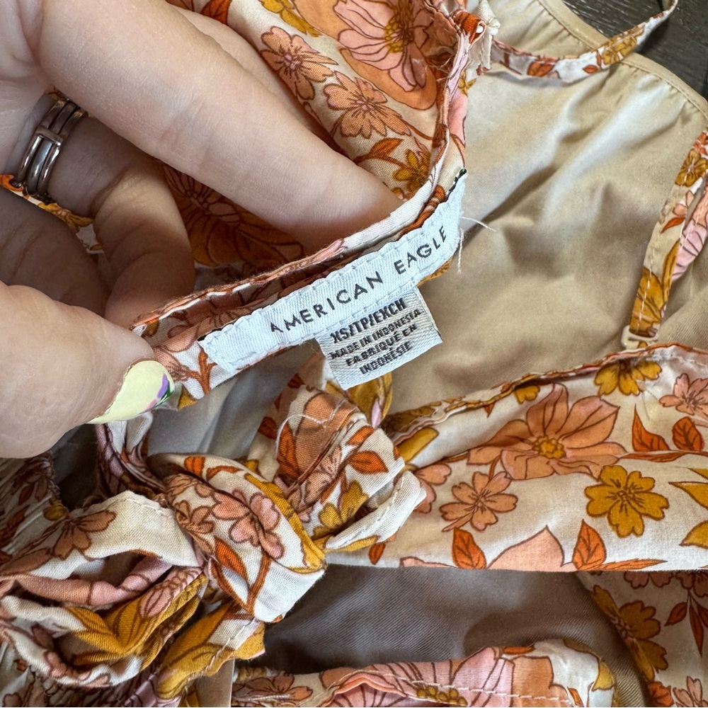 AEO Floral Orange Beige Romper Jumpsuit XS Tie Back - Picture 12 of 16